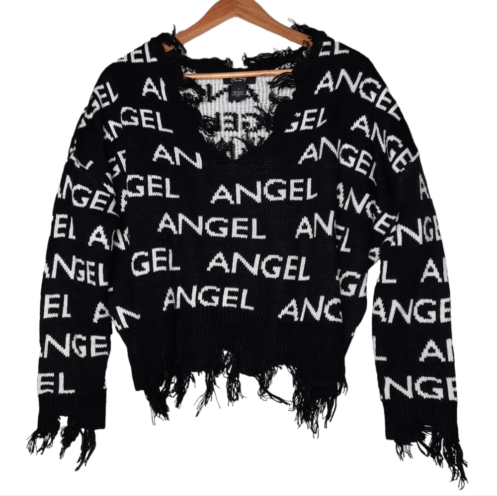 Just Polly Angel V-Neck Distressed Fringe Crop Sweater SZ L